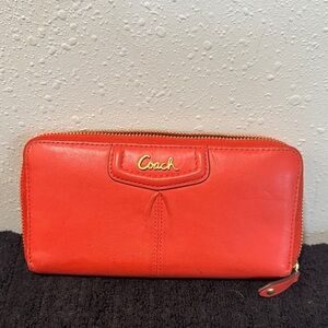 Coach Orange Leather Wallet with Gold Accents
